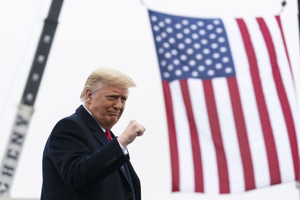 President Donald Trump arrives to speak at a campaign rally at Lancaster Airport, Monday, Oct. 26, 2020, in Lititz, Pa. (AP Photo/Alex Brandon)