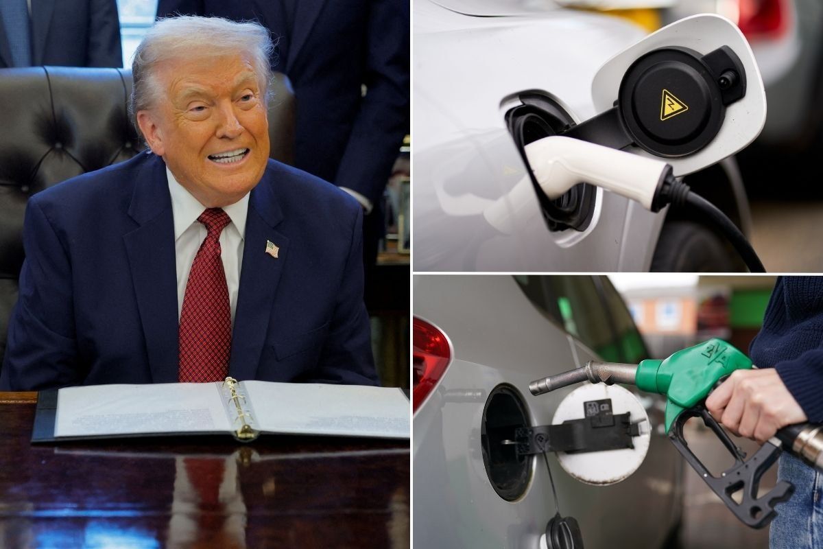 President Donald Trump, electric car chargers and a petrol pump