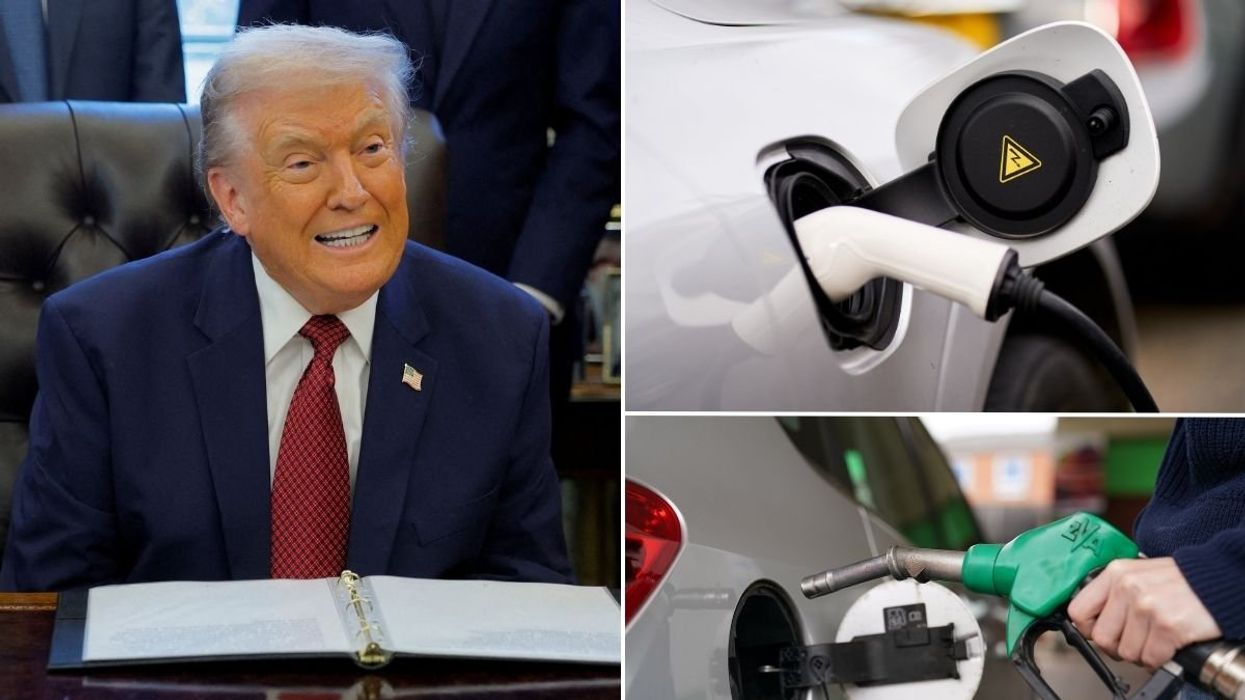President Donald Trump, electric car chargers and a petrol pump