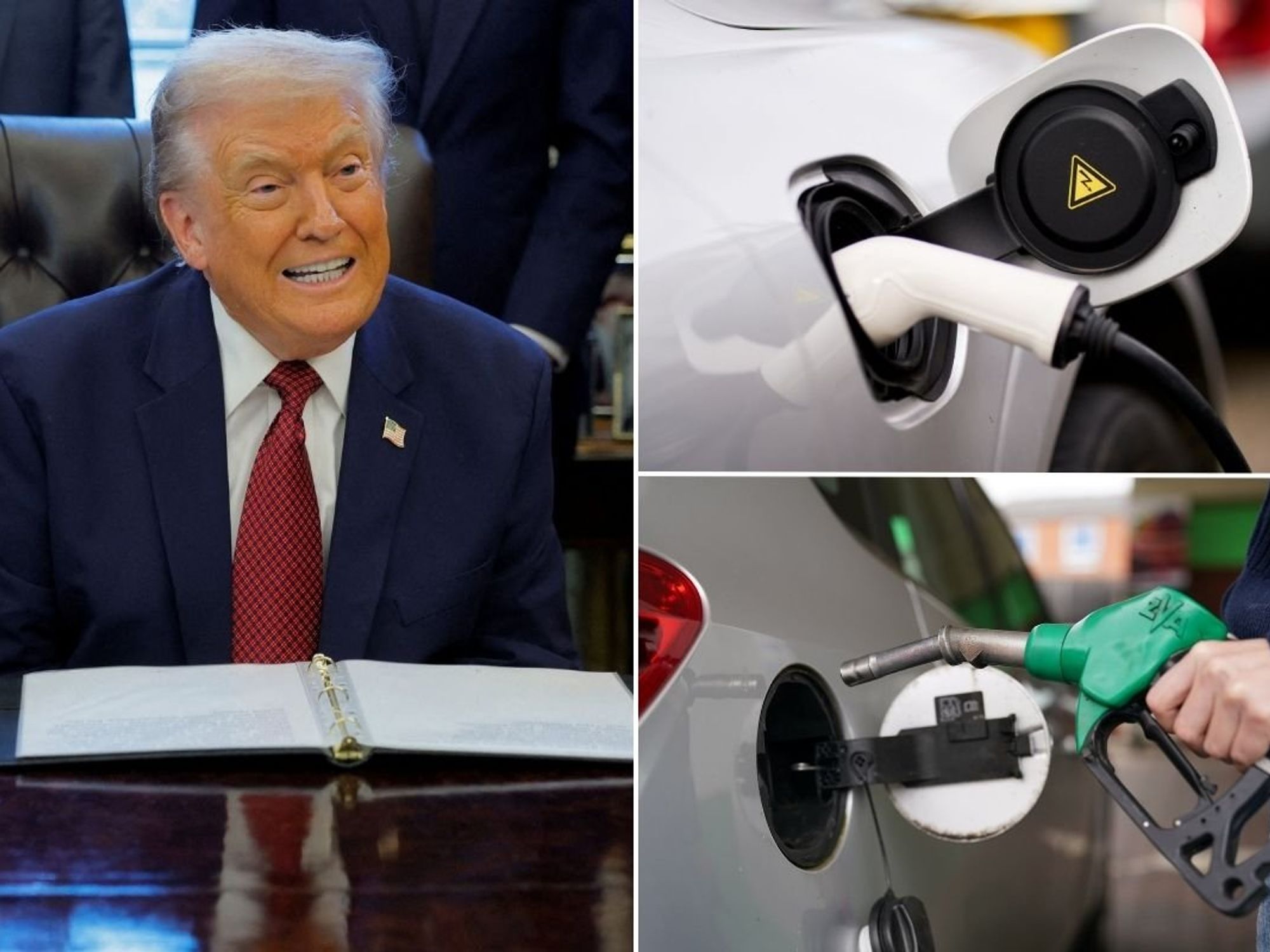 President Donald Trump, electric car chargers and a petrol pump
