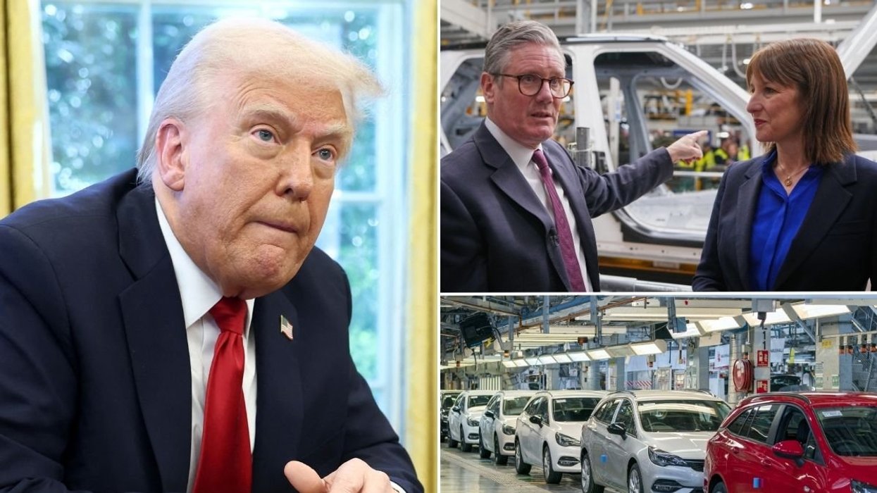 President Donald Trump, Prime Minister Keir Starmer and Chancellor Rachel Reeves, and a car production line