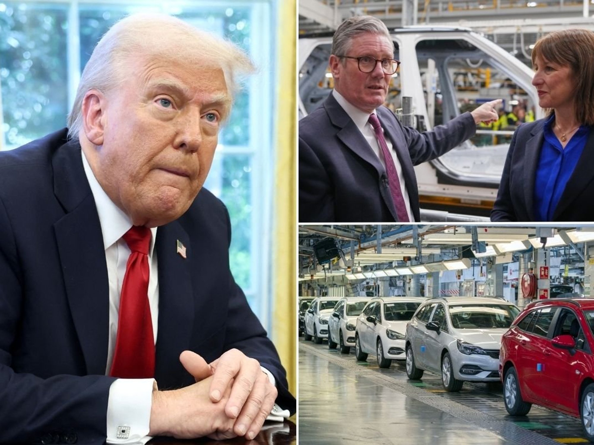 President Donald Trump, Prime Minister Keir Starmer and Chancellor Rachel Reeves, and a car production line