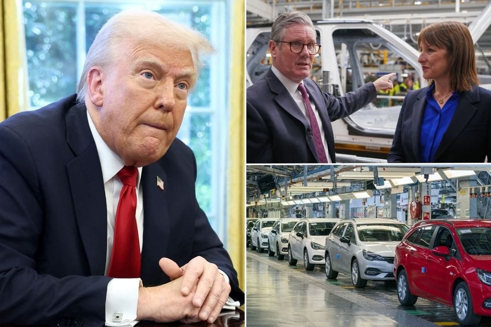 President Donald Trump, Prime Minister Keir Starmer and Chancellor Rachel Reeves, and a car production line