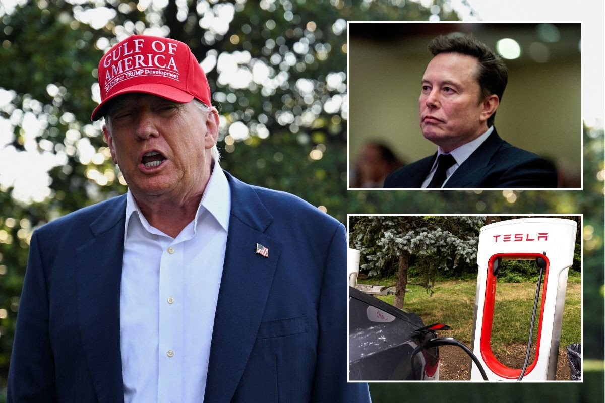 President Donald Trump, Tesla CEO Elon Musk and a Tesla EV Supercharger station