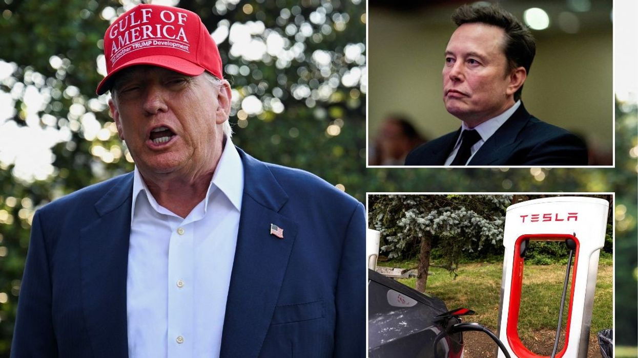 President Donald Trump, Tesla CEO Elon Musk and a Tesla EV Supercharger station