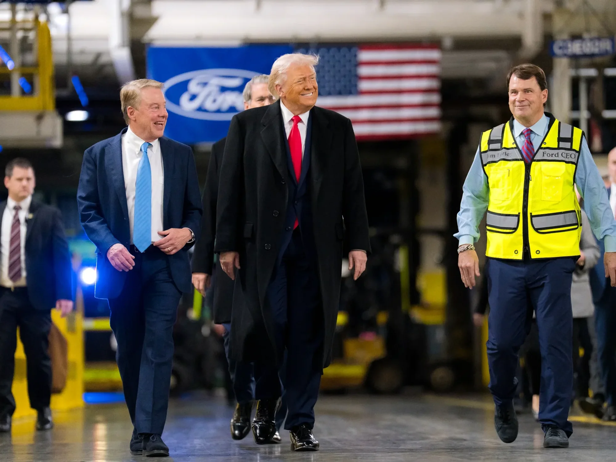 President Donald Trump, Treasury Secretary Scott Bessent and Ford CEO Jim Farley tour the Ford factory in Michigan