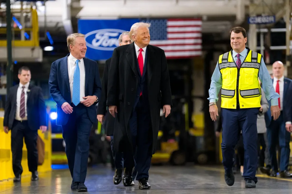 President Donald Trump, Treasury Secretary Scott Bessent and Ford CEO Jim Farley tour the Ford factory in Michigan
