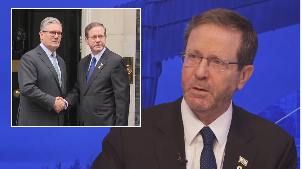 President Isaac Herzog with an inset image of him being greeted by Sir Keir Starmer