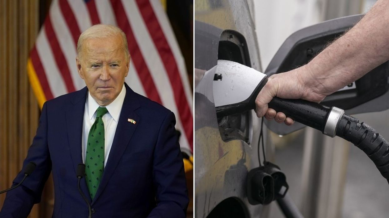 President Joe Biden and an electric vehicle charger