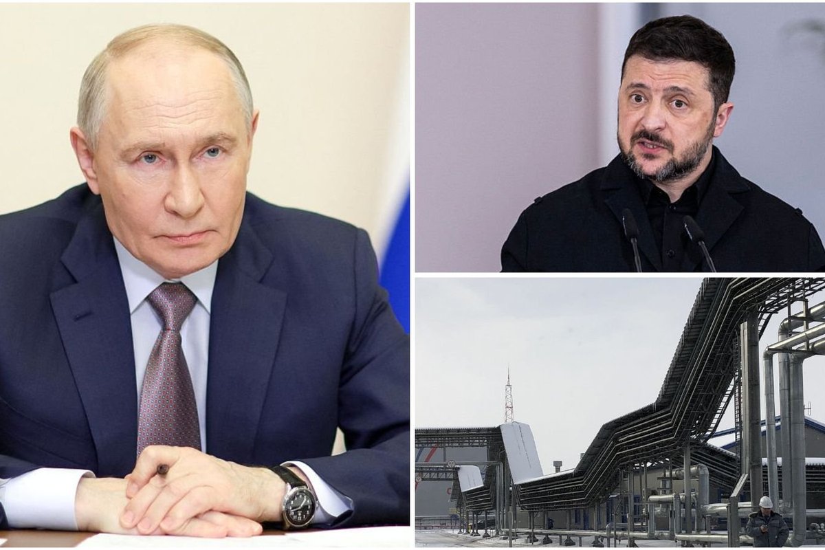President Putin, President Zelensky and an oil storage tank of Russian oil pipeline monopoly Transneft is pictured at the Baltic Sea port of Ust-Luga