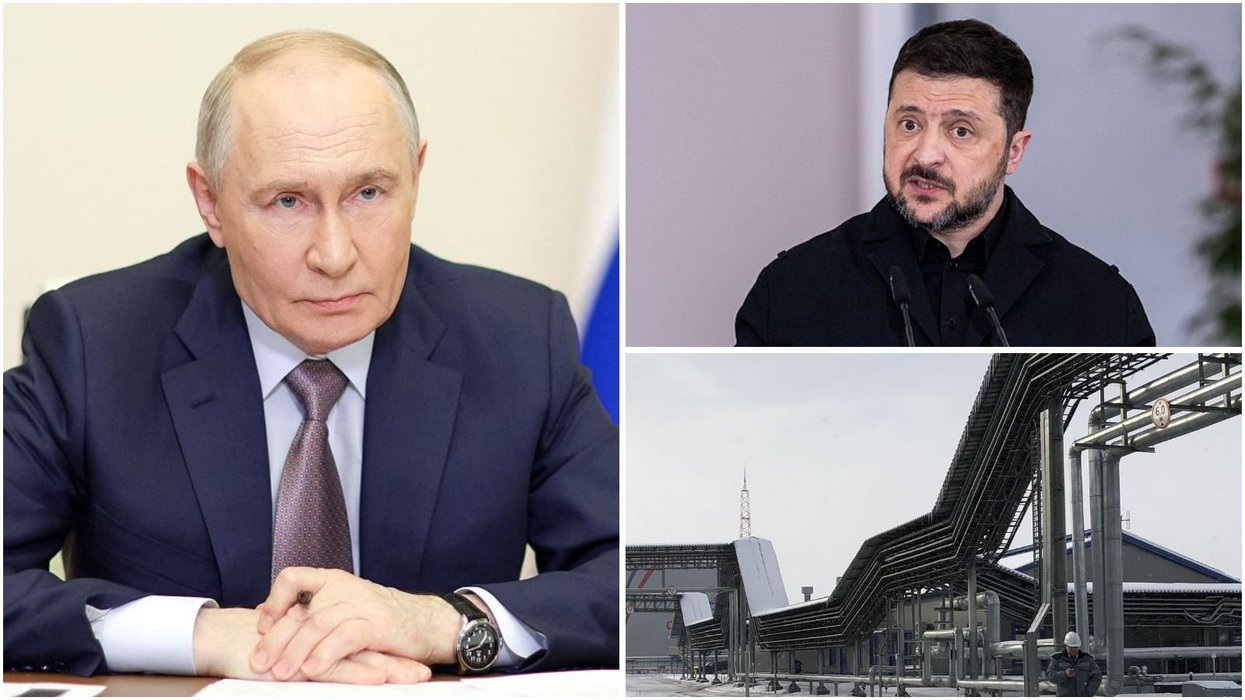 President Putin, President Zelensky and an oil storage tank of Russian oil pipeline monopoly Transneft is pictured at the Baltic Sea port of Ust-Luga