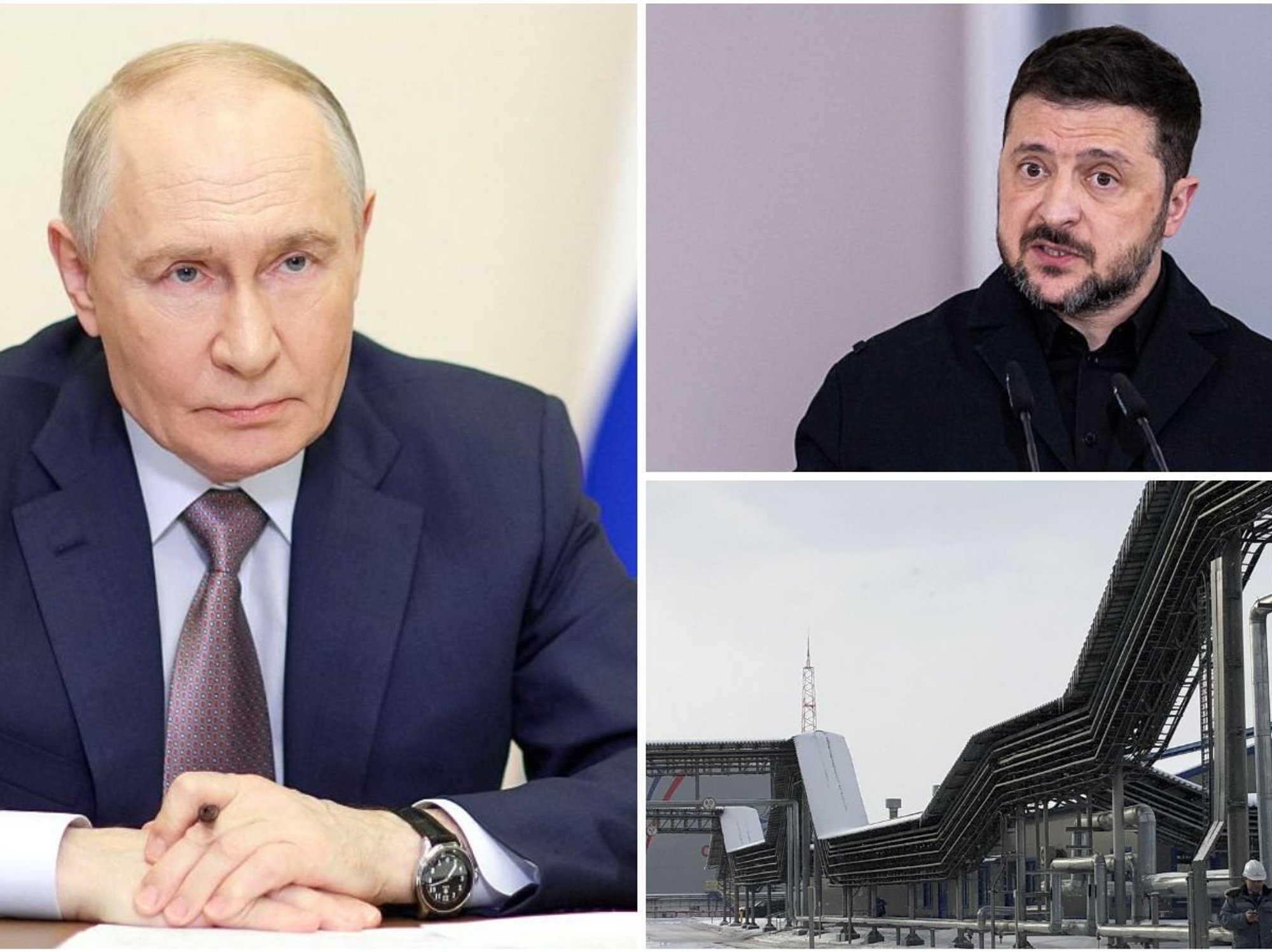 President Putin, President Zelensky and an oil storage tank of Russian oil pipeline monopoly Transneft is pictured at the Baltic Sea port of Ust-Luga