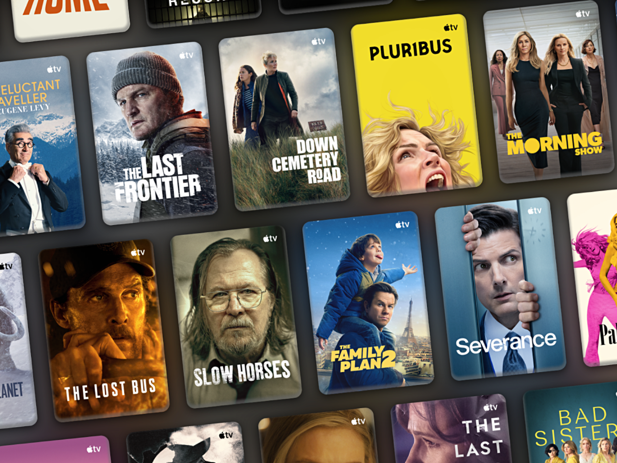 preview artwork for the covers of dozens of exclusive apple tv plus shows