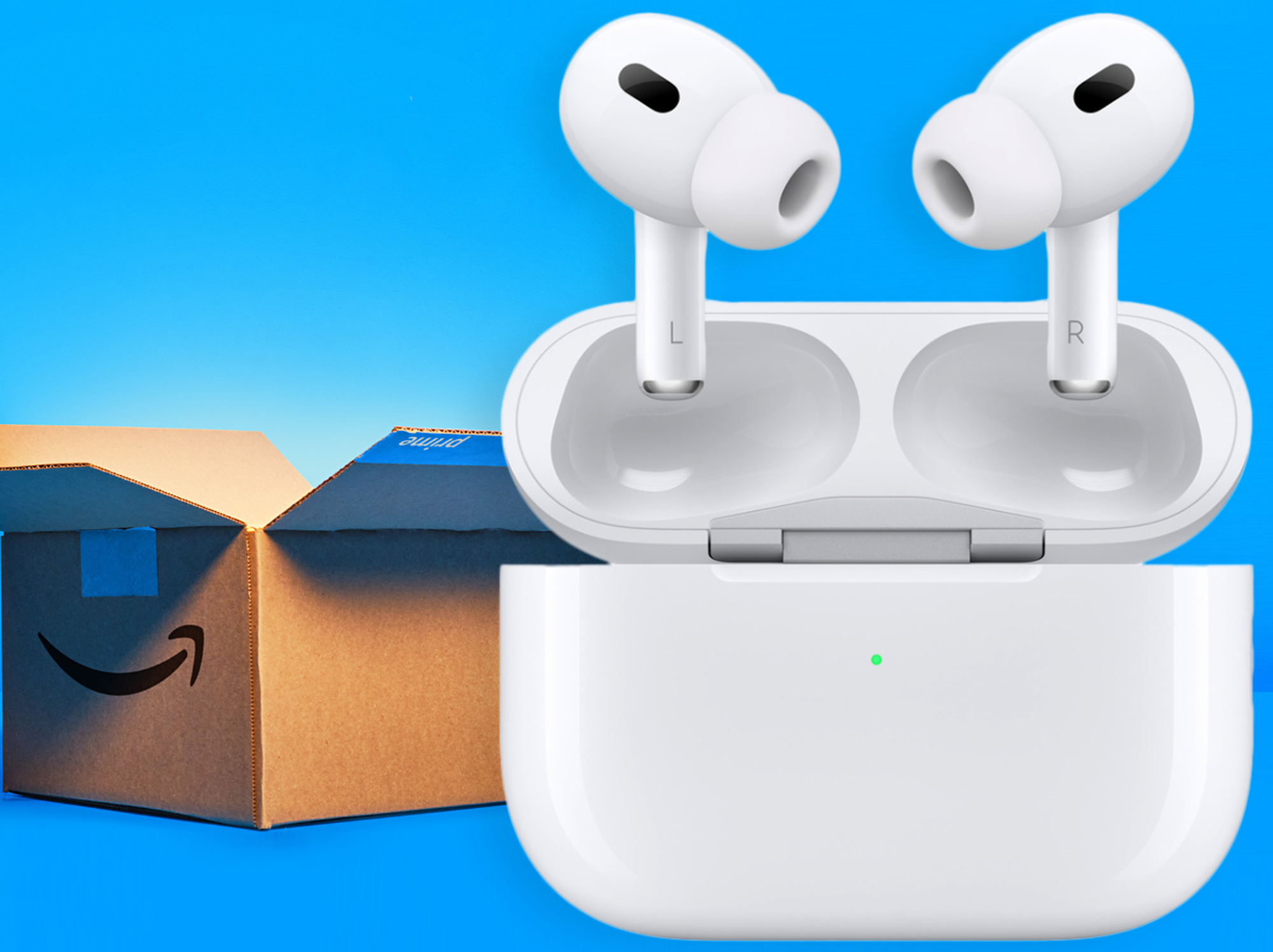 prime day 2025 box in the background on a blue background with apple airpods pro 2 shown in the front