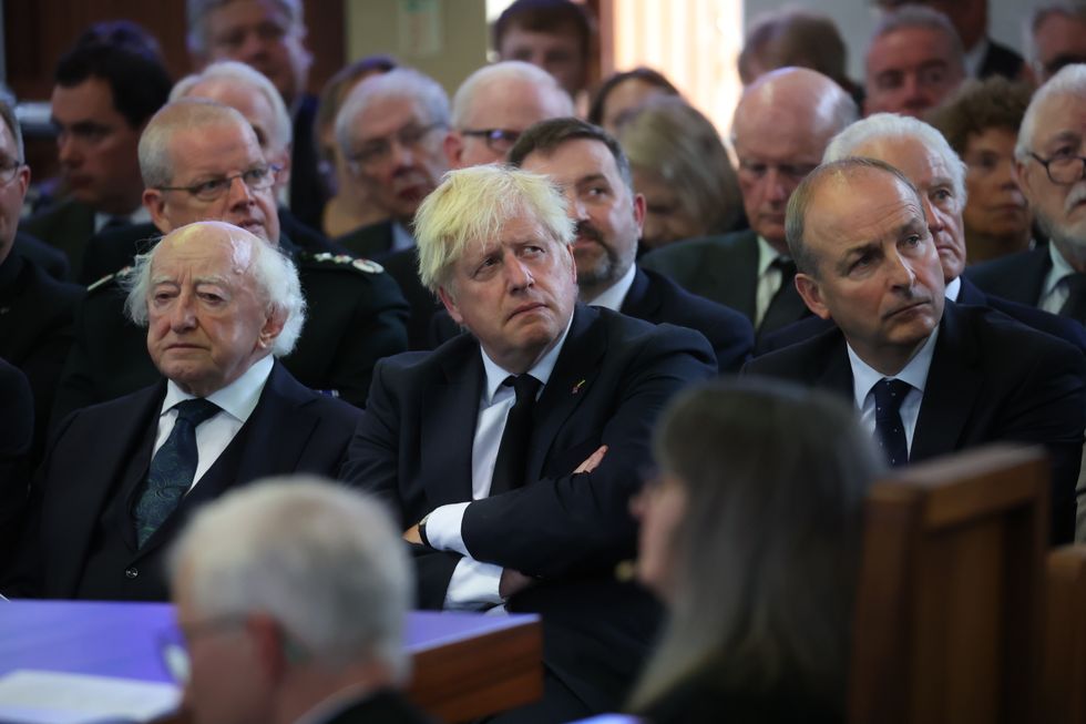 Prime Minister Boris Johnson at the funeral of former Northern Ireland first minister and UUP leader David Trimble, who died last week aged 77, at Harmony Hill Presbyterian Church, Lisburn. Picture date: Monday August 1, 2022.