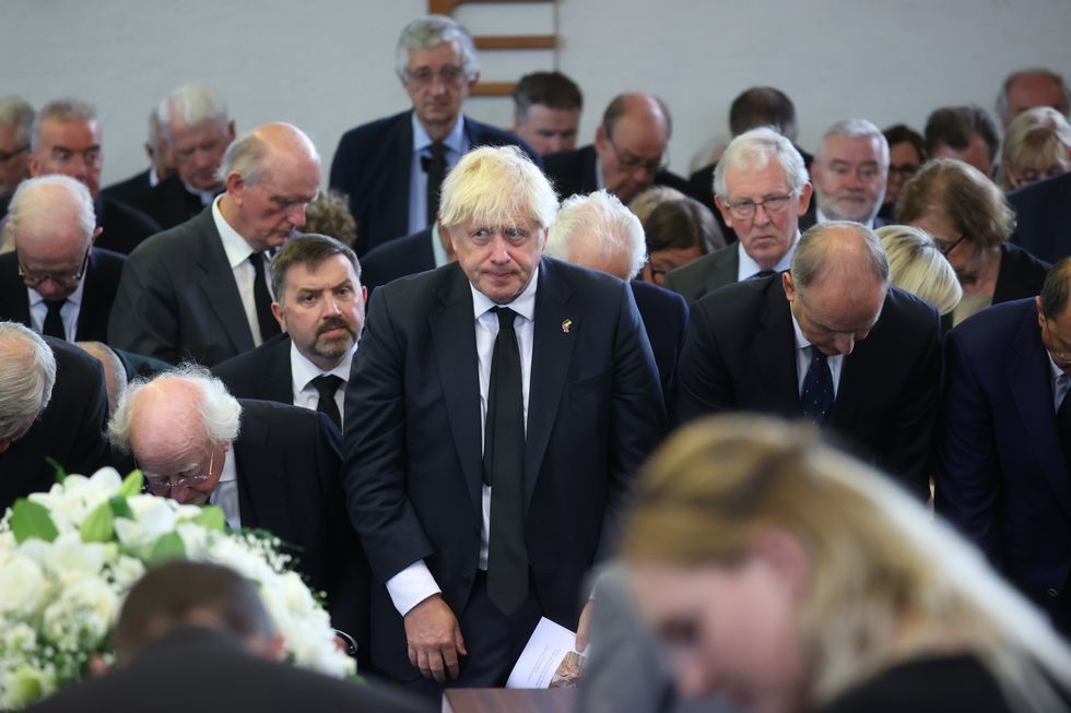 Prime Minister Boris Johnson at the funeral of former Northern Ireland first minister and UUP leader David Trimble, who died last week aged 77, at Harmony Hill Presbyterian Church, Lisburn. Picture date: Monday August 1, 2022.