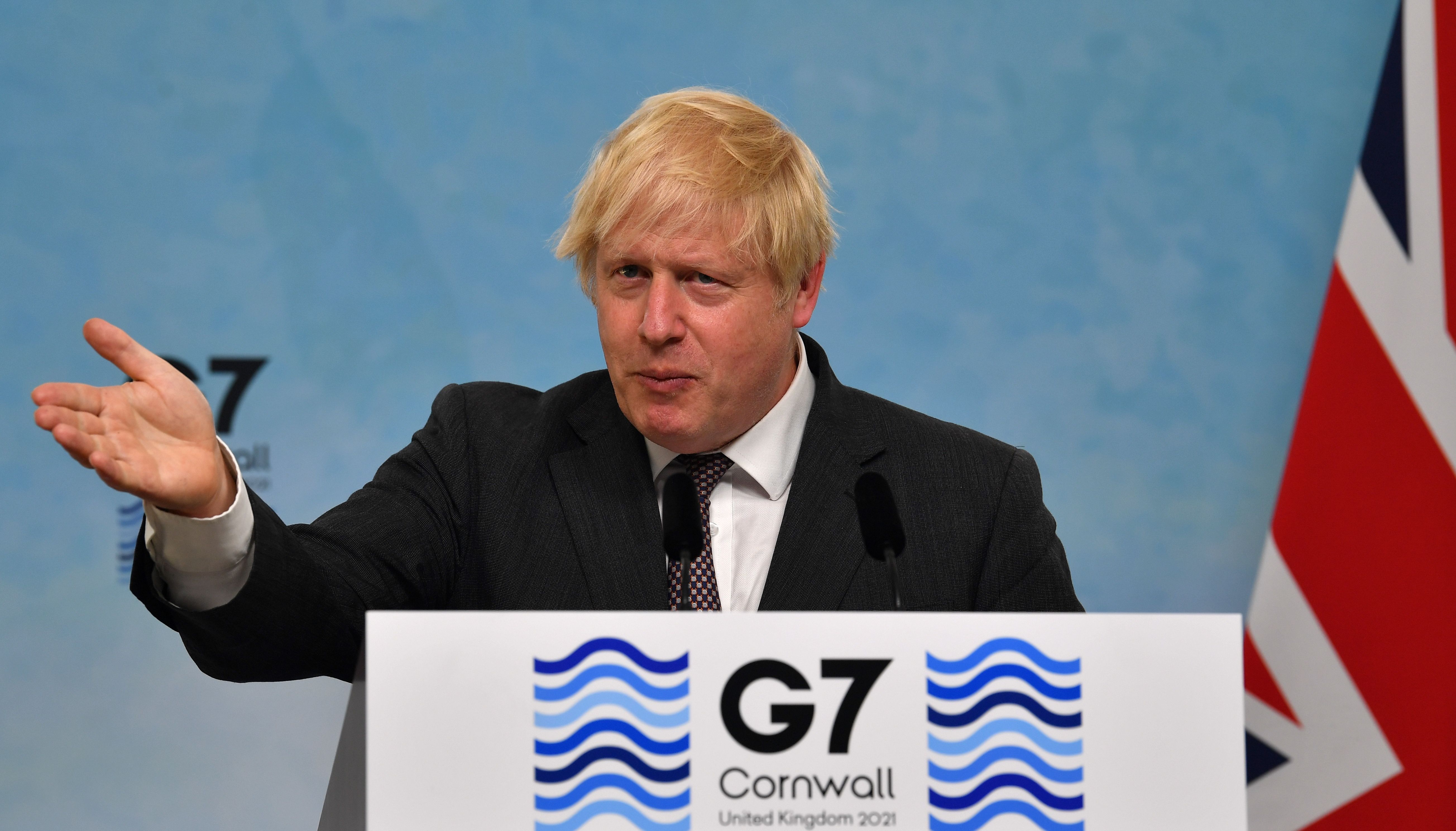 Prime Minister Boris Johnson during a press conference on the final day of the G7 summit in Cornwall.