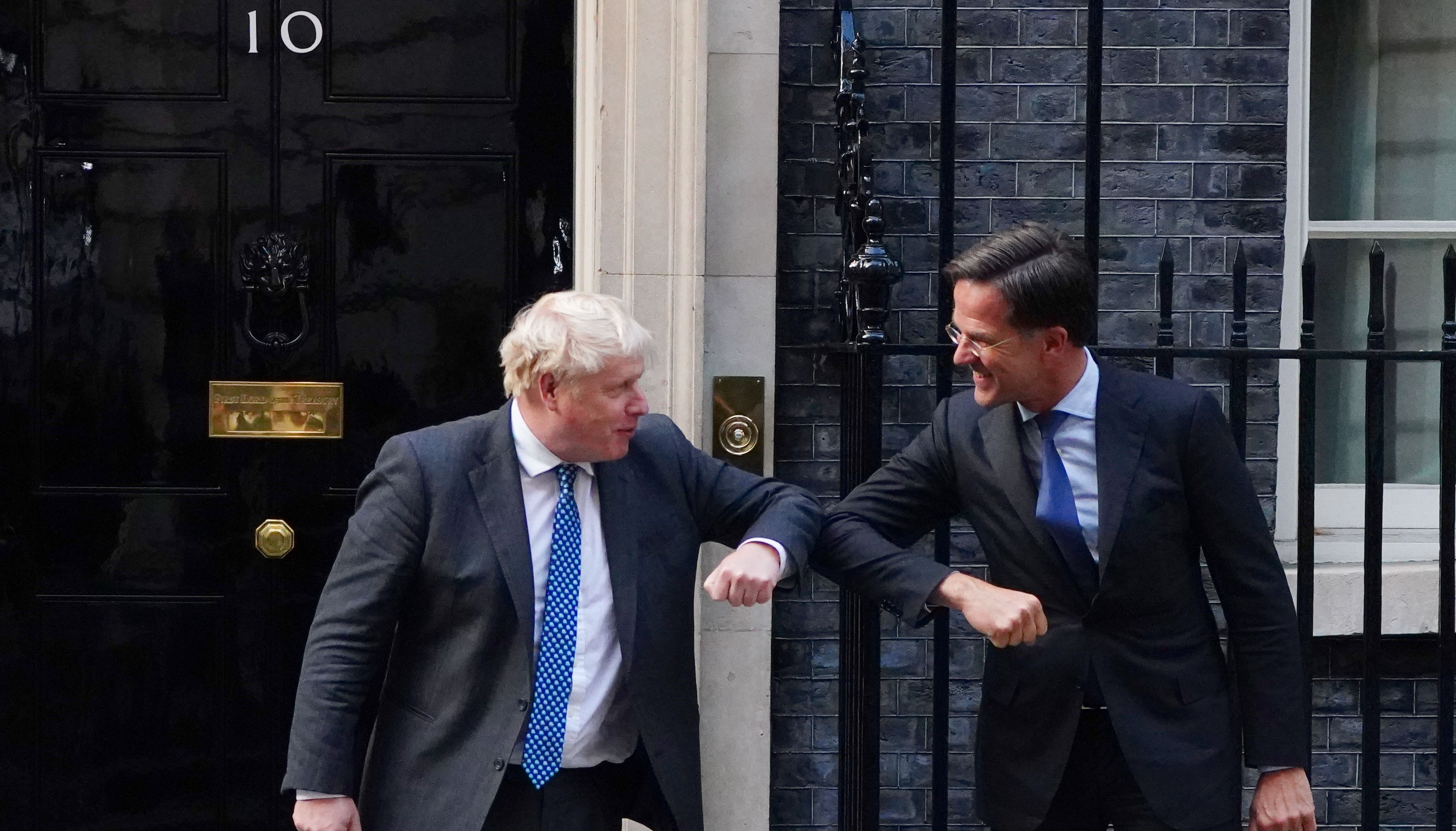 Prime Minister Boris Johnson greets Prime Minister of the Netherlands Mark Rutte, outside 10 Downing Street, London, ahead of a bilateral meeting.