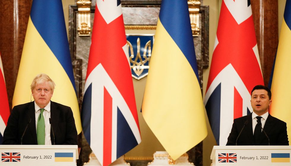 Prime Minister Boris Johnson in Kyiv, Ukraine attends a joint news conference after he held crisis talks with Ukrainian president Volodymyr Zelensky amid rising tensions with Russia. Picture date: Tuesday February 1, 2022.