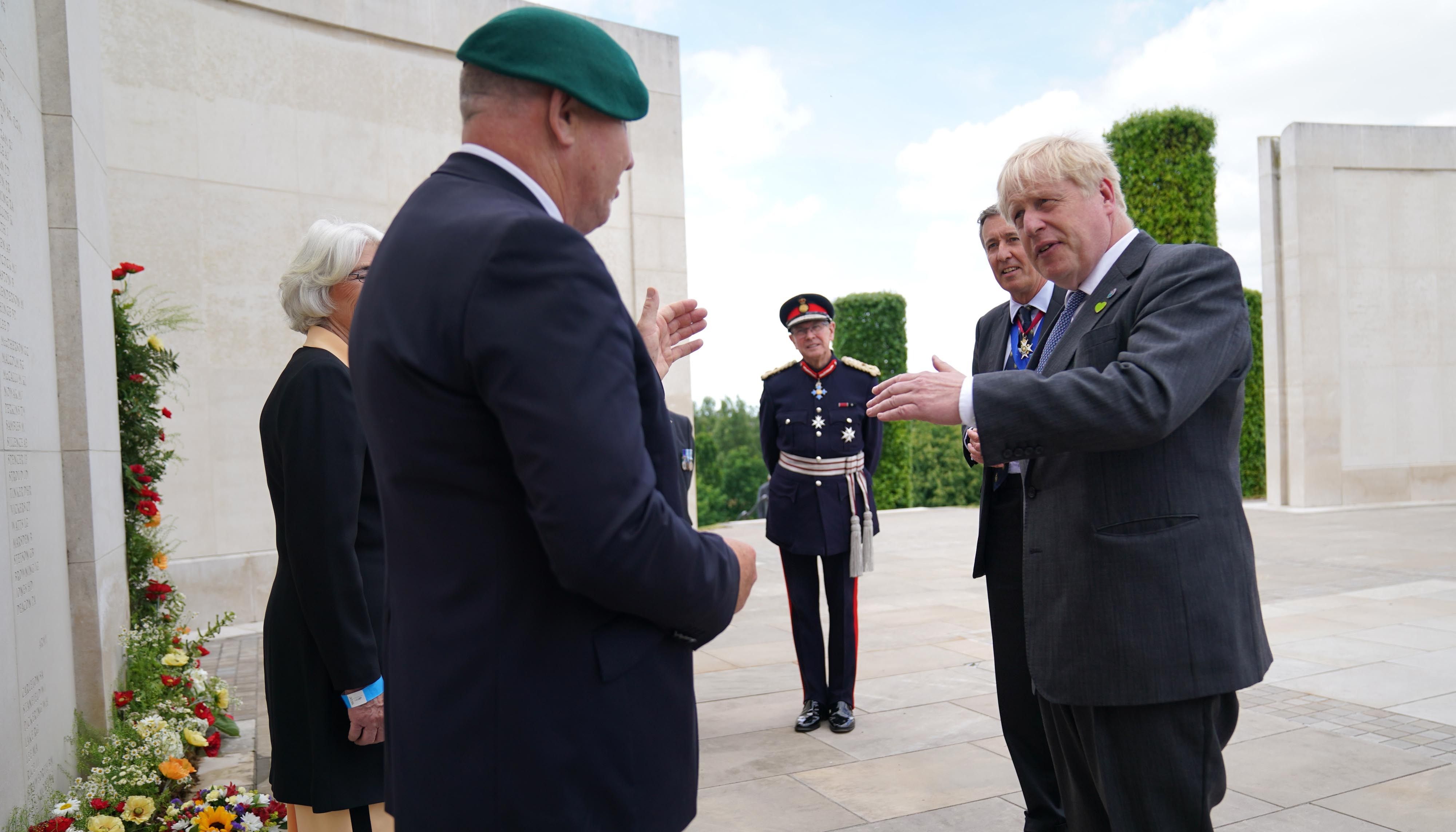 Prime Minister Boris Johnson meets veterans at the National Memorial Arboretum in Alrewas, Staffordshire before a service to mark the 40th anniversary of the liberation of the Falkland Islands. Picture date: Tuesday June 14, 2022.