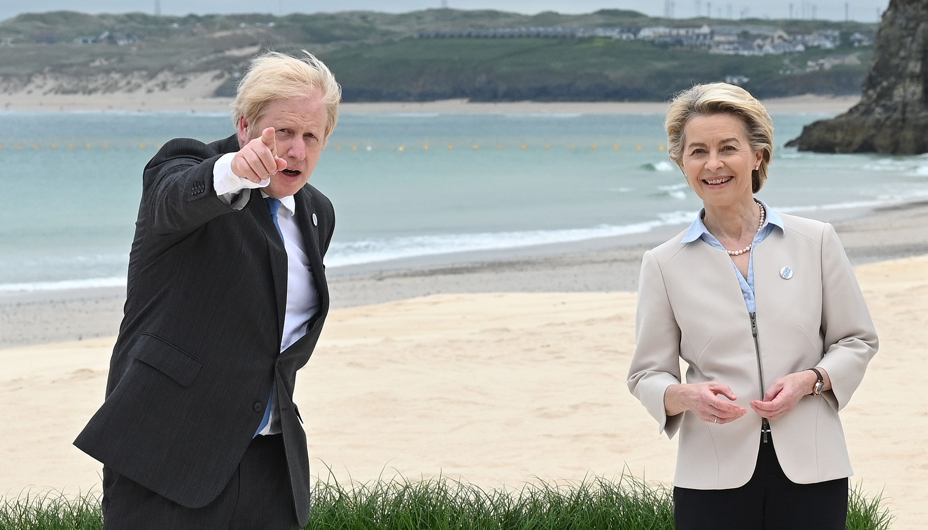 Prime Minister Boris Johnson with President of the European Commission Ursula von der Leyen during the Leaders official welcome during the G7 Summit in Cornwall.