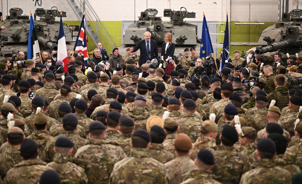Prime Minister Boris Johnson with Prime Minister of Estonia Kaja Kallas meeting NATO troops after a joint press conference at the Tapa Army Base in Tallinn, Estonia. Picture date: Tuesday March 1, 2022.