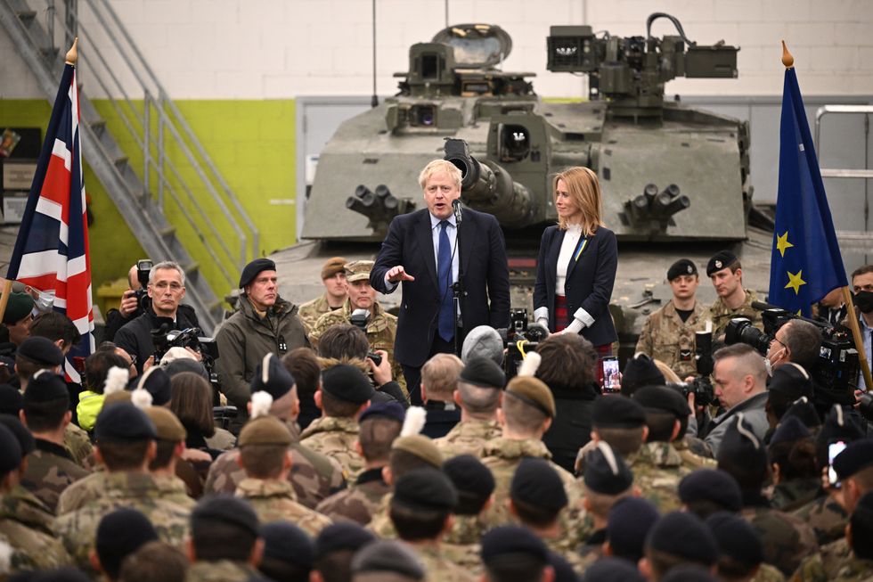 Prime Minister Boris Johnson with Prime Minister of Estonia Kaja Kallas meeting NATO troops after a joint press conference at the Tapa Army Base in Tallinn, Estonia