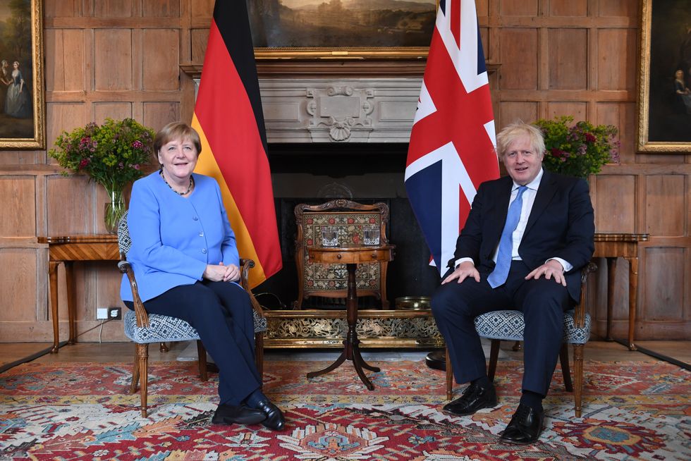 Prime Minister Boris Johnson with the Chancellor of Germany, Angela Merkel, before their bilateral meeting at Chequers, the country house of the Prime Minister of the United Kingdom, in Buckinghamshire. Picture date: Friday July 2, 2021.