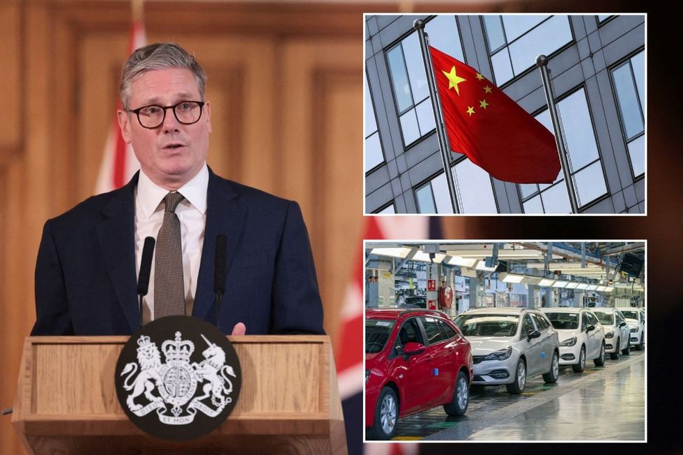 Prime Minister Keir Starmer, a Chinese flag and a car production line