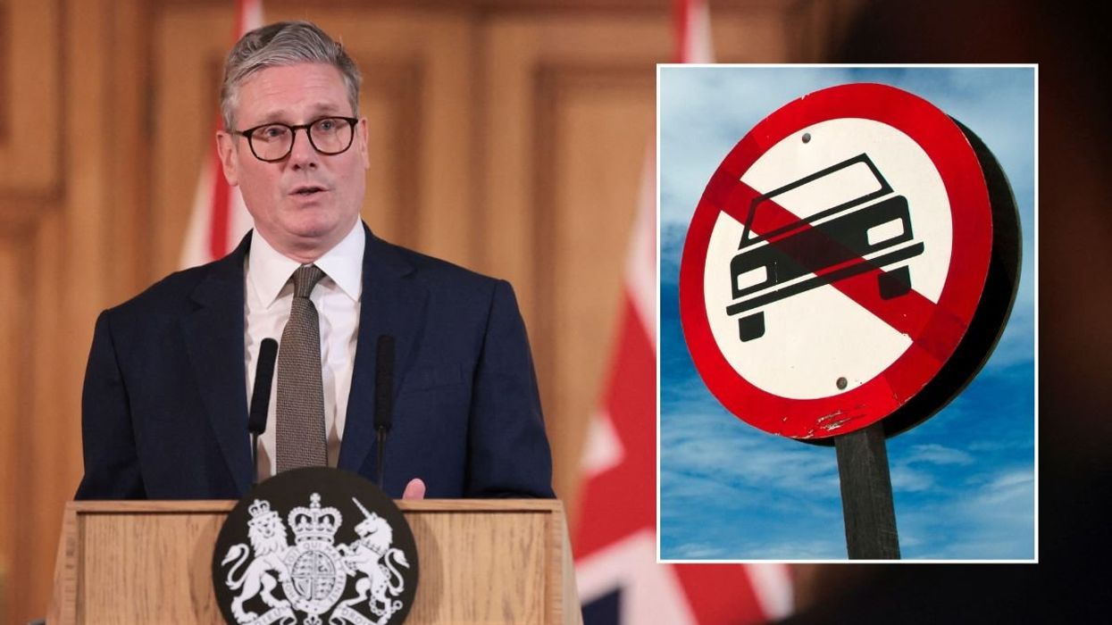 Prime Minister Keir Starmer and a car ban sign