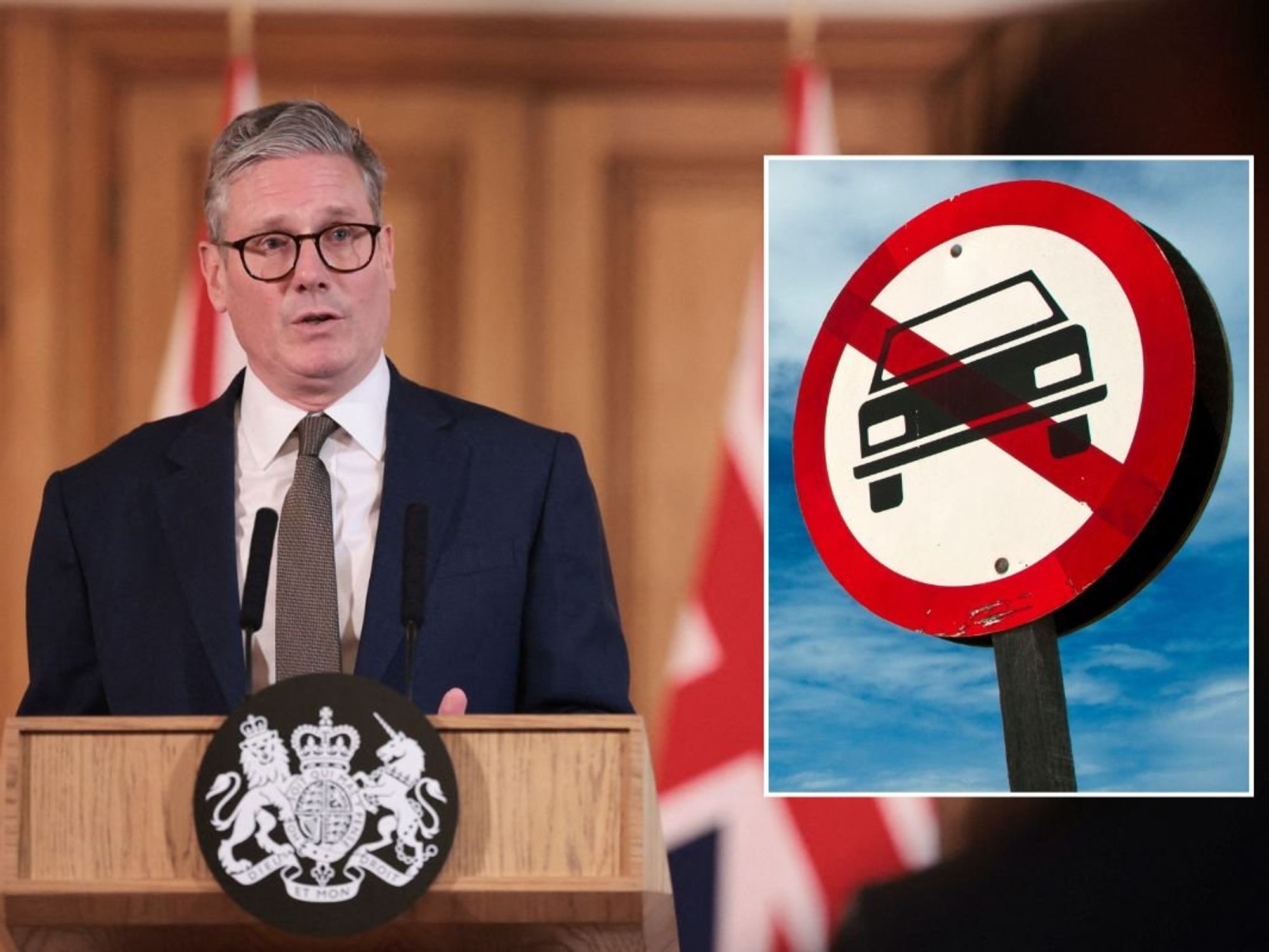 Prime Minister Keir Starmer and a car ban sign