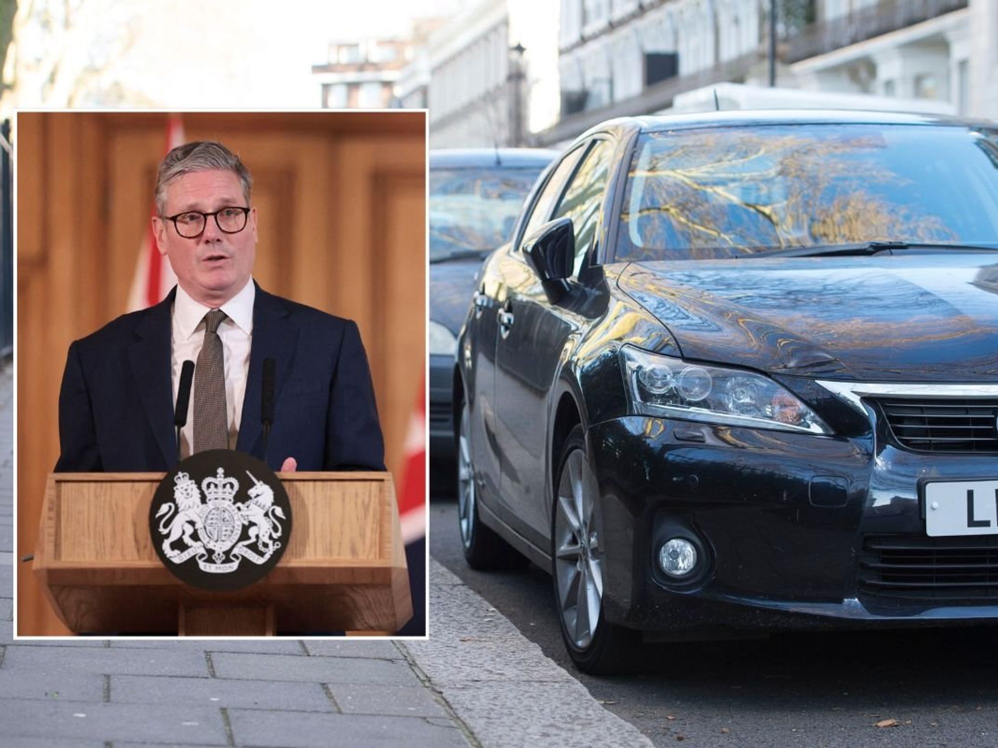 Prime Minister Keir Starmer and a row of parked cars