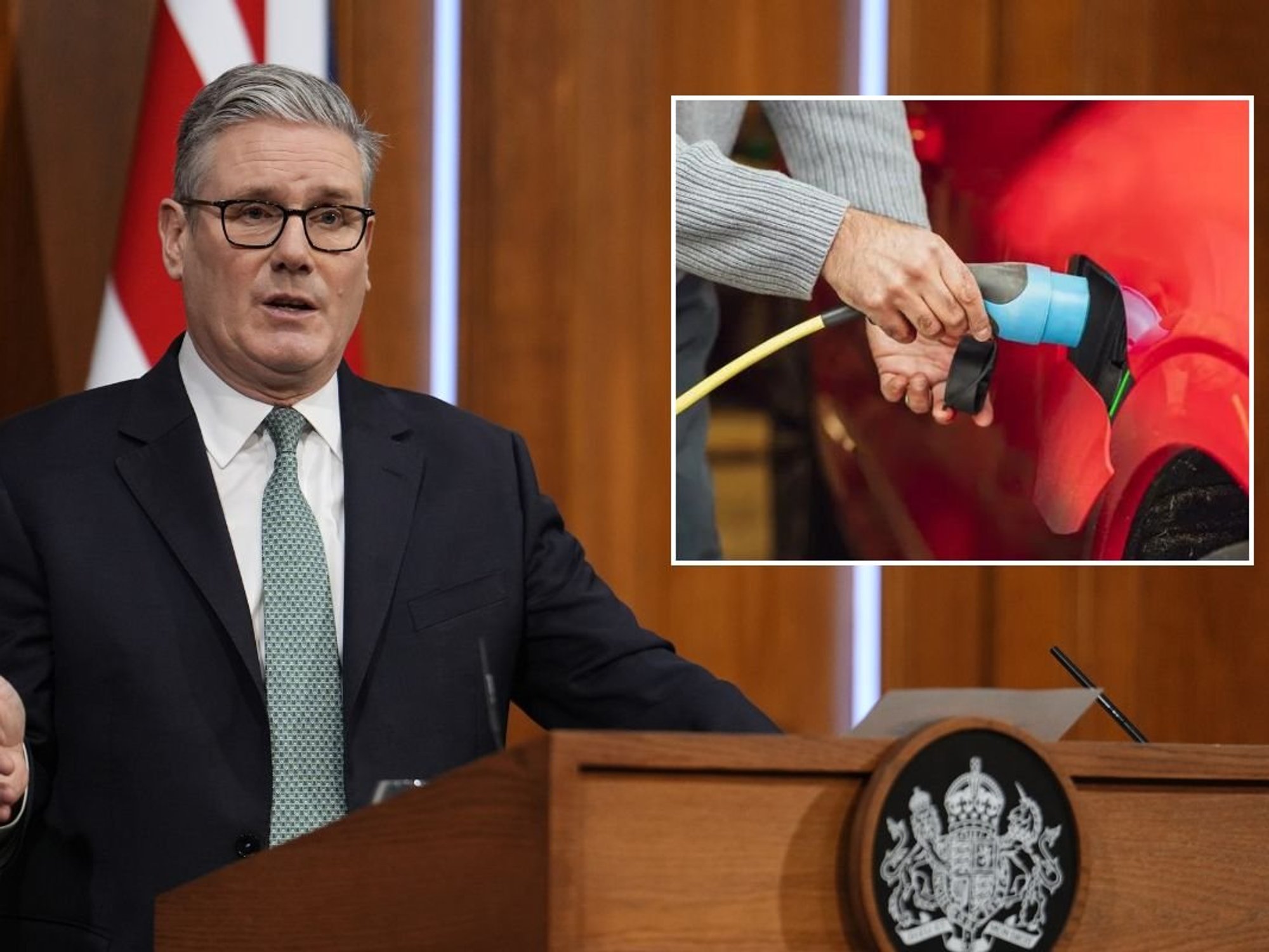 Prime Minister Keir Starmer and an electric car charger