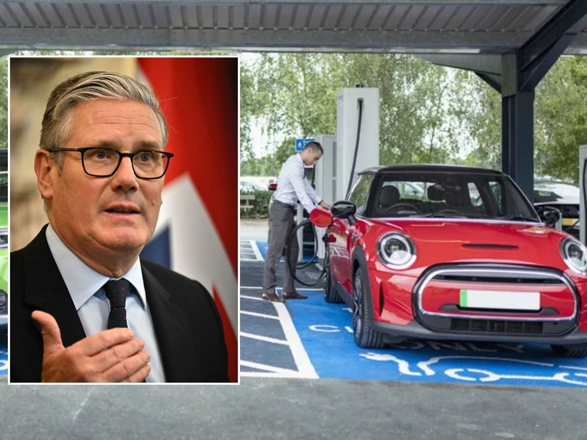 Prime Minister Keir Starmer and an electric car charging
