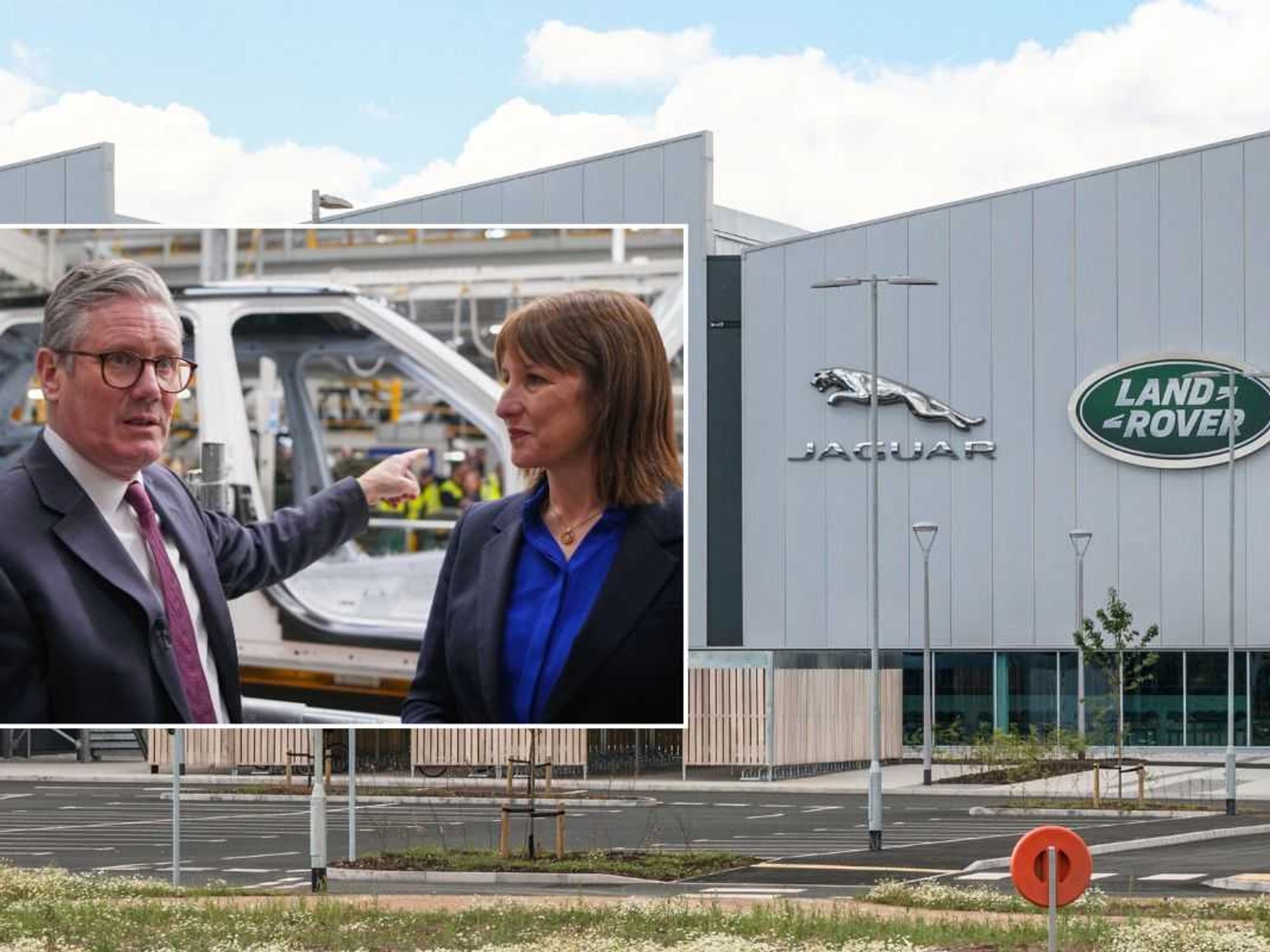 Prime Minister Keir Starmer and Chancellor Rachel Reeves, and a Jaguar Land Rover factory