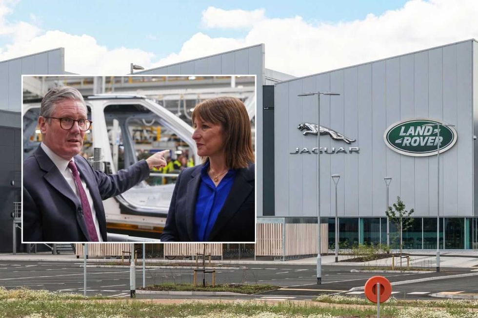 Prime Minister Keir Starmer and Chancellor Rachel Reeves, and a Jaguar Land Rover factory