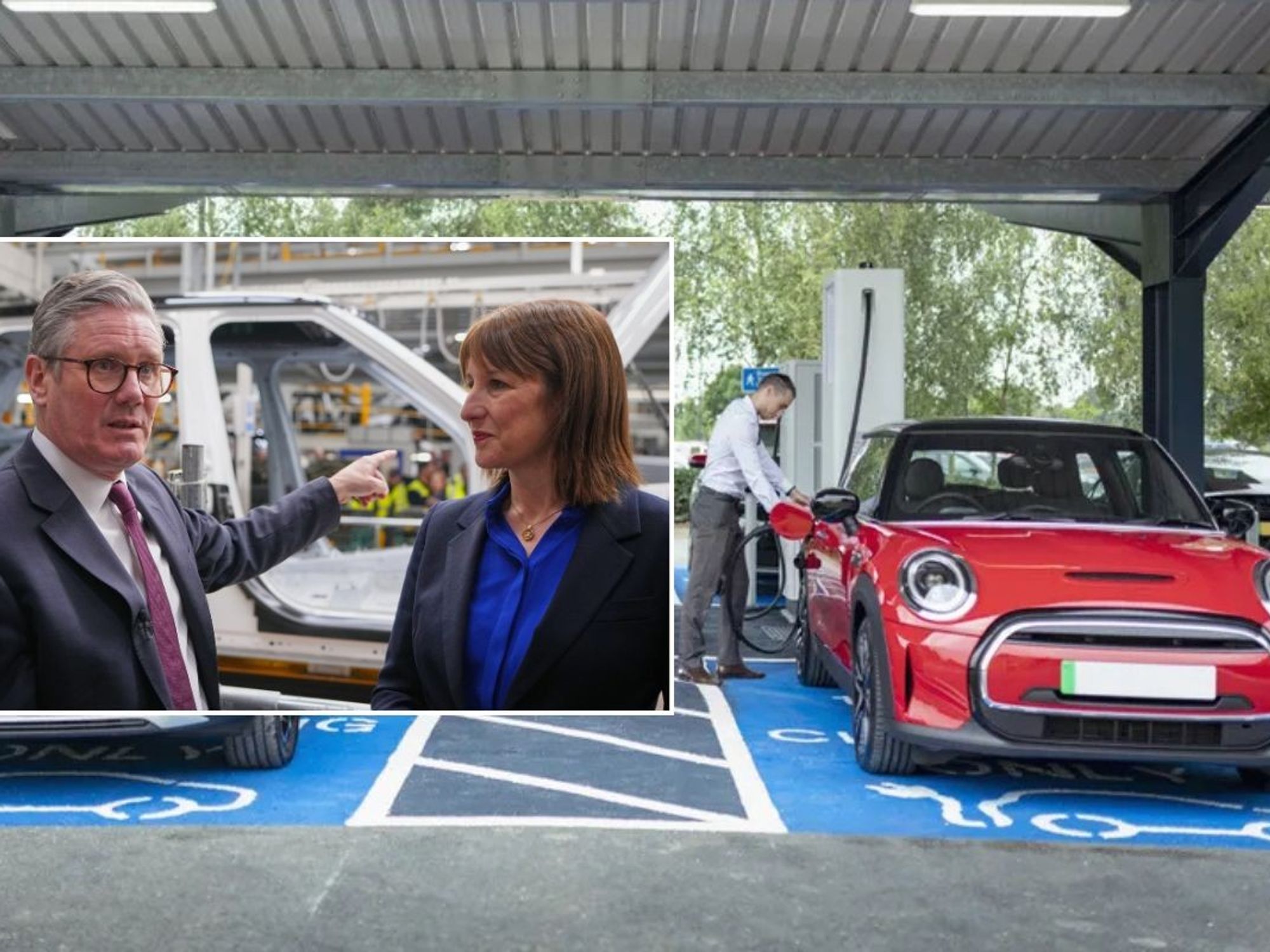 Prime Minister Keir Starmer and Chancellor Rachel Reeves and an electric car charger