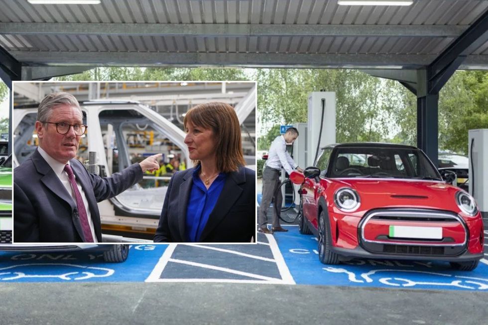 Prime Minister Keir Starmer and Chancellor Rachel Reeves and an electric car charger