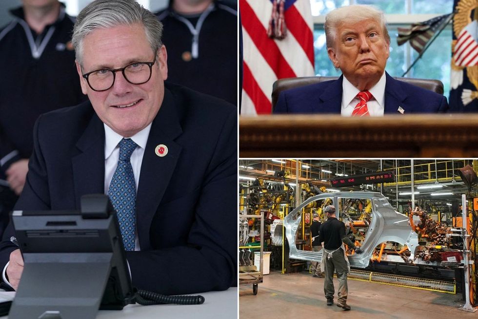 Prime Minister Keir Starmer, President Donald Trump and a car production factory