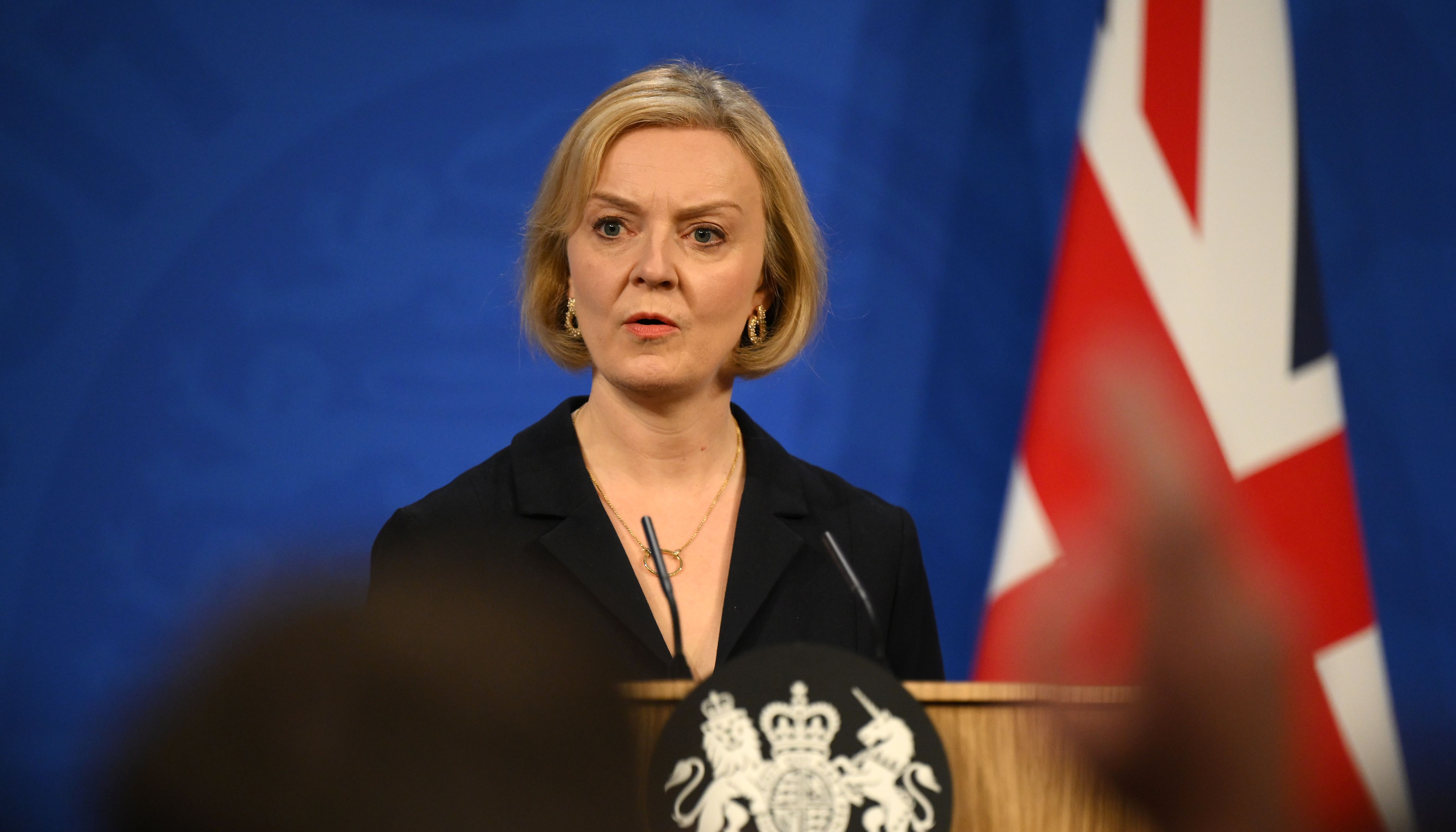 Prime Minister Liz Truss during a press conference in the briefing room at Downing Street, London. Picture date: Friday October 14, 2022.