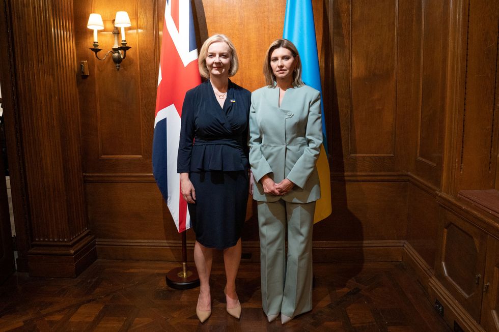 Prime Minister Liz Truss (left) meets Ukranian First Lady, Olena Zelenska at The Ukrainian Institute of America in New York City where they viewed an exhibition illustrating the atrocities taking place in Ukraine. The Prime Minister is in the US to attend the 77th United Nations General Assembly. Picture date: Tuesday September 20, 2022. Stefan Rousseau/Pool via REUTERS