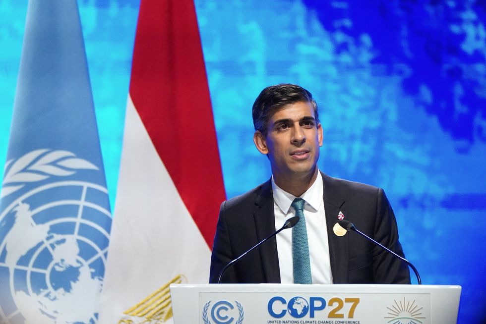 Prime Minister Rishi Sunak addresses delegates during the Cop27 summit at Sharm el-Sheikh, Egypt. Picture date: Monday November 7, 2022.