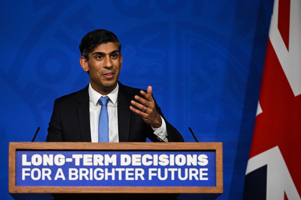 Prime Minister Rishi Sunak delivers a speech on the plans for net-zero commitments in the briefing room at 10 Downing Street, London