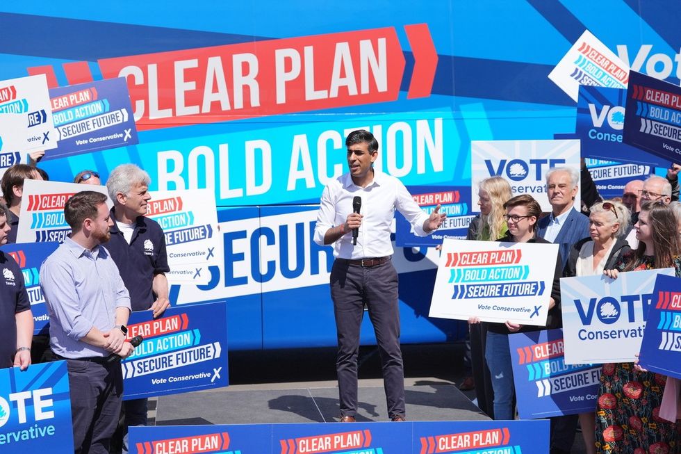 Prime Minister Rishi Sunak launches the Conservative campaign bus at Redcar Racecourse in the in the North East of England while on the General Election campaign trail.