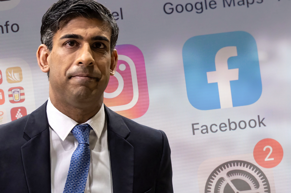 prime minister rishi sunak pictured in a suit with a series of app icons from an iphone displayed behind him 