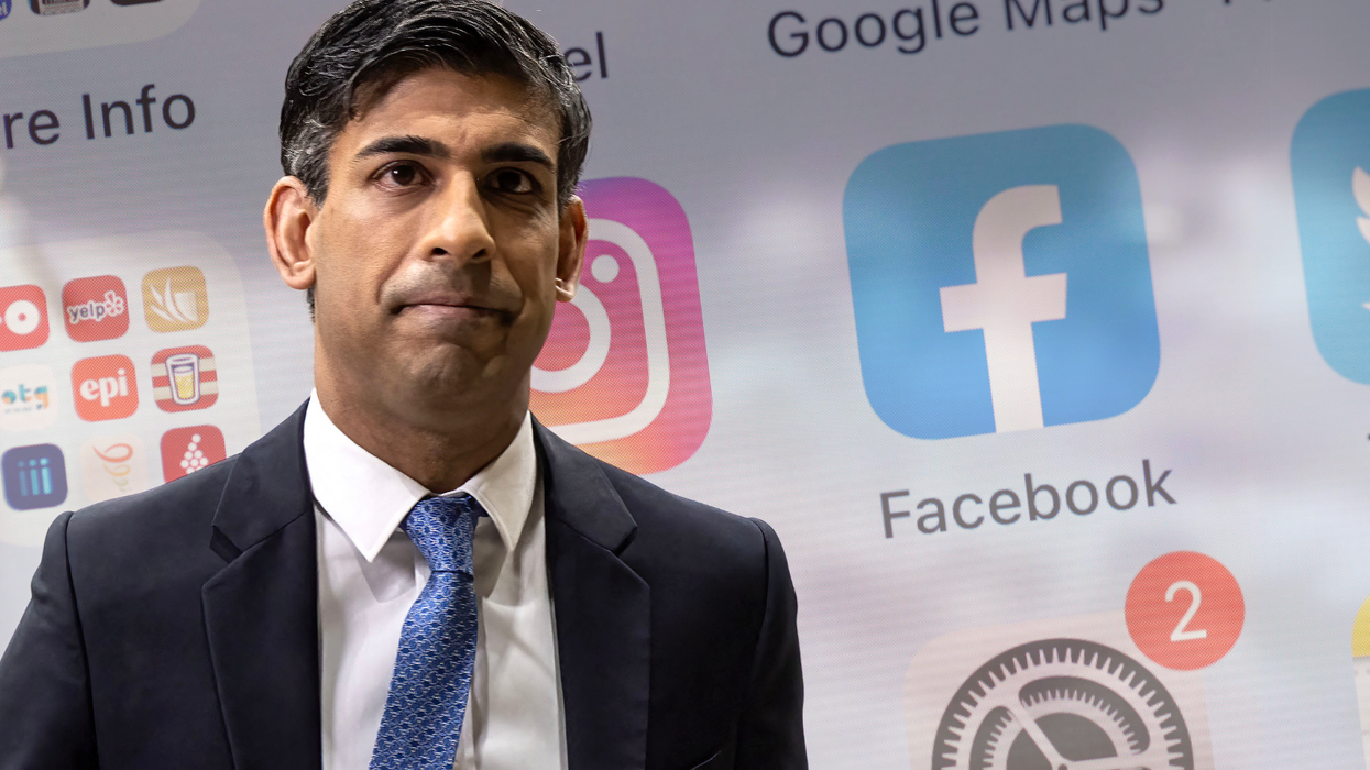 prime minister rishi sunak pictured in a suit with a series of app icons from an iphone displayed behind him