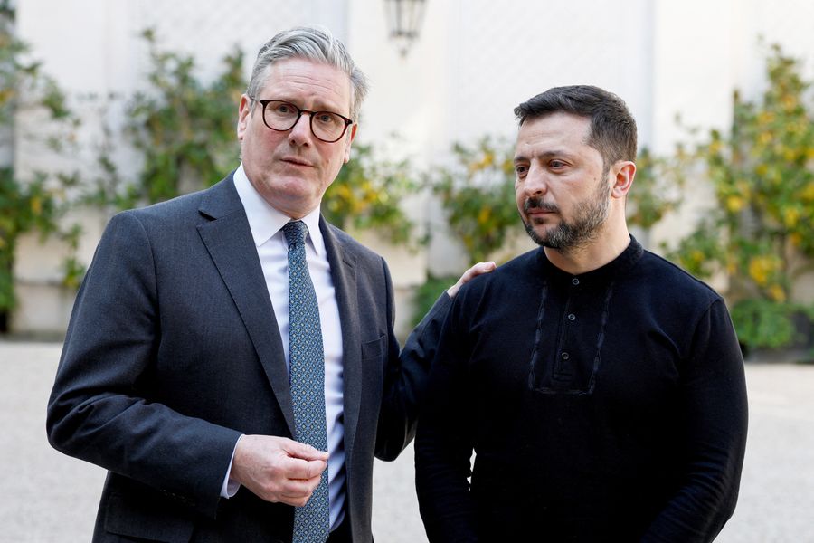 Prime Minister Sir Keir Starmer (left) and President of Ukraine Volodymyr Zelensky speak to the media at the UK Ambassador's Residence in Paris