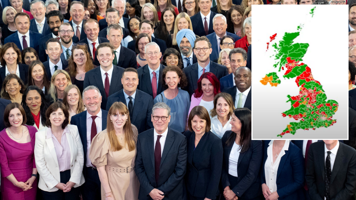 Prime Minister Sir Keir Starmer stands with Labour Party MPs, whom won seats in the 2024 General Election and map of UK showing seats which are vulnerable