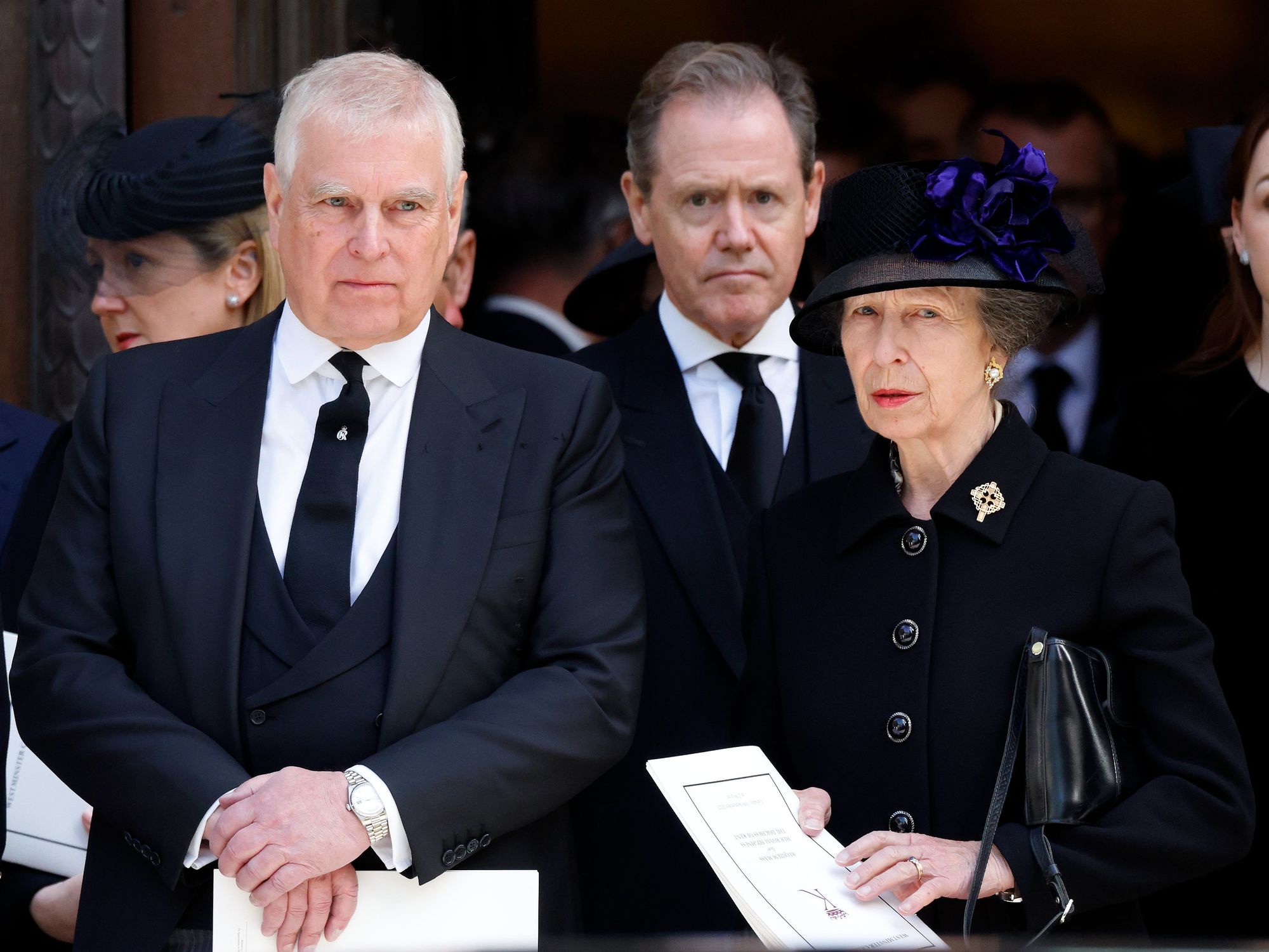 Prince Andrew and Princess Anne at the Duchess of Kent's funeral