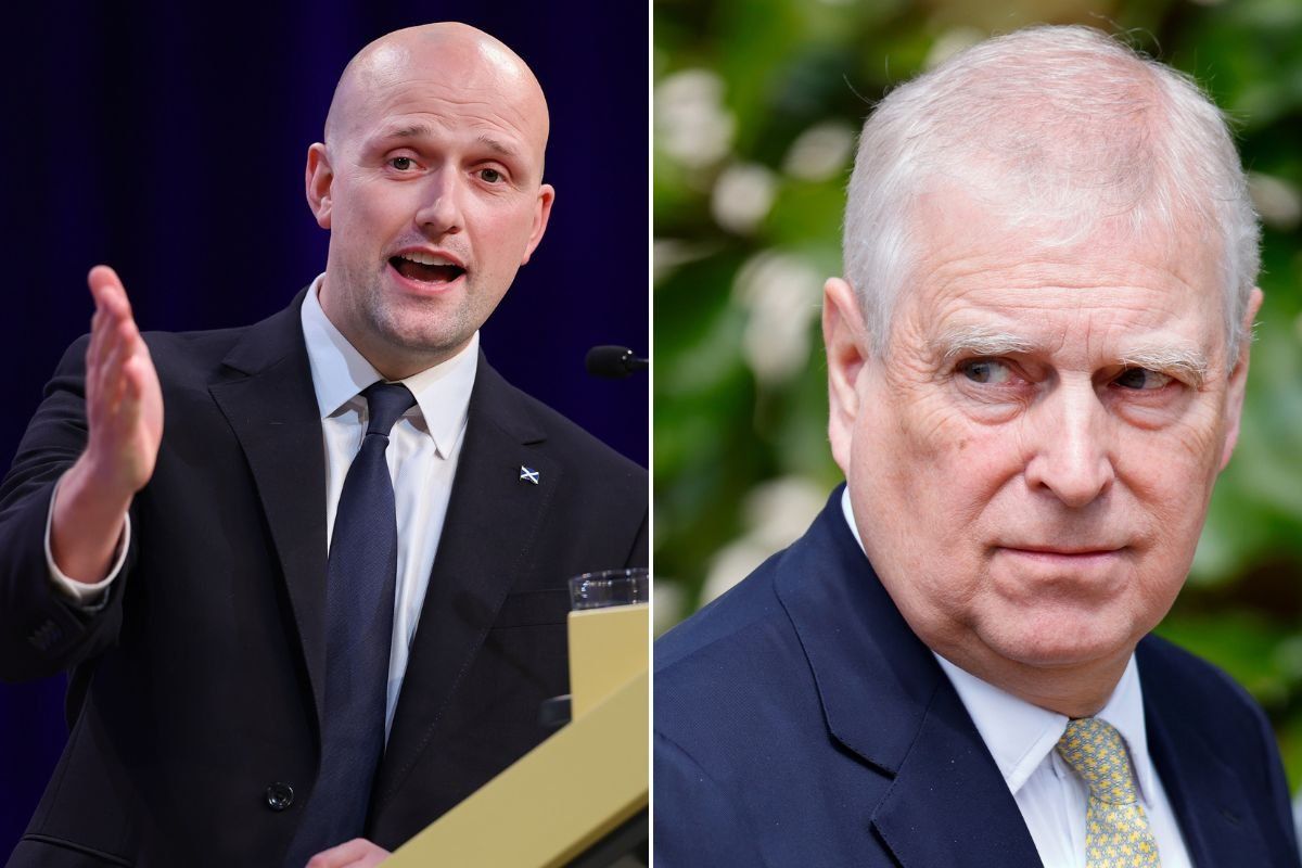 Prince Andrew looking over his shoulder / SNP Westminster Leader Stephen Flynn speaking at the 2025 party confrence